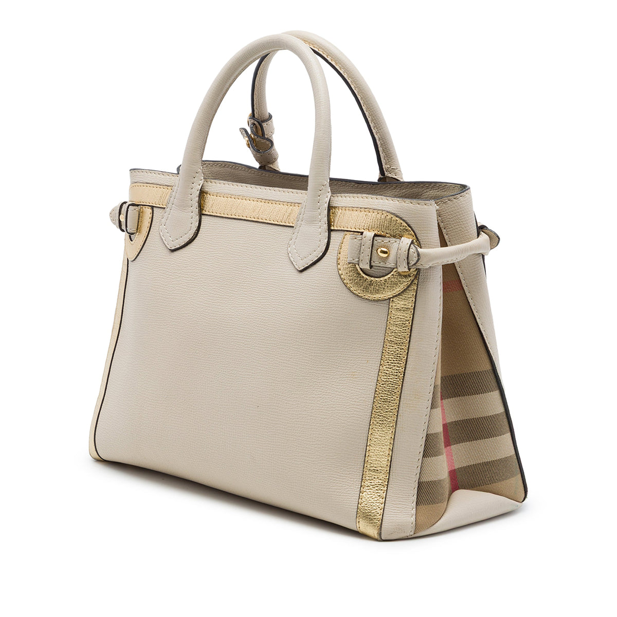 Burberry Medium Bicolor Leather and House Check Canvas Banner Satchel — White