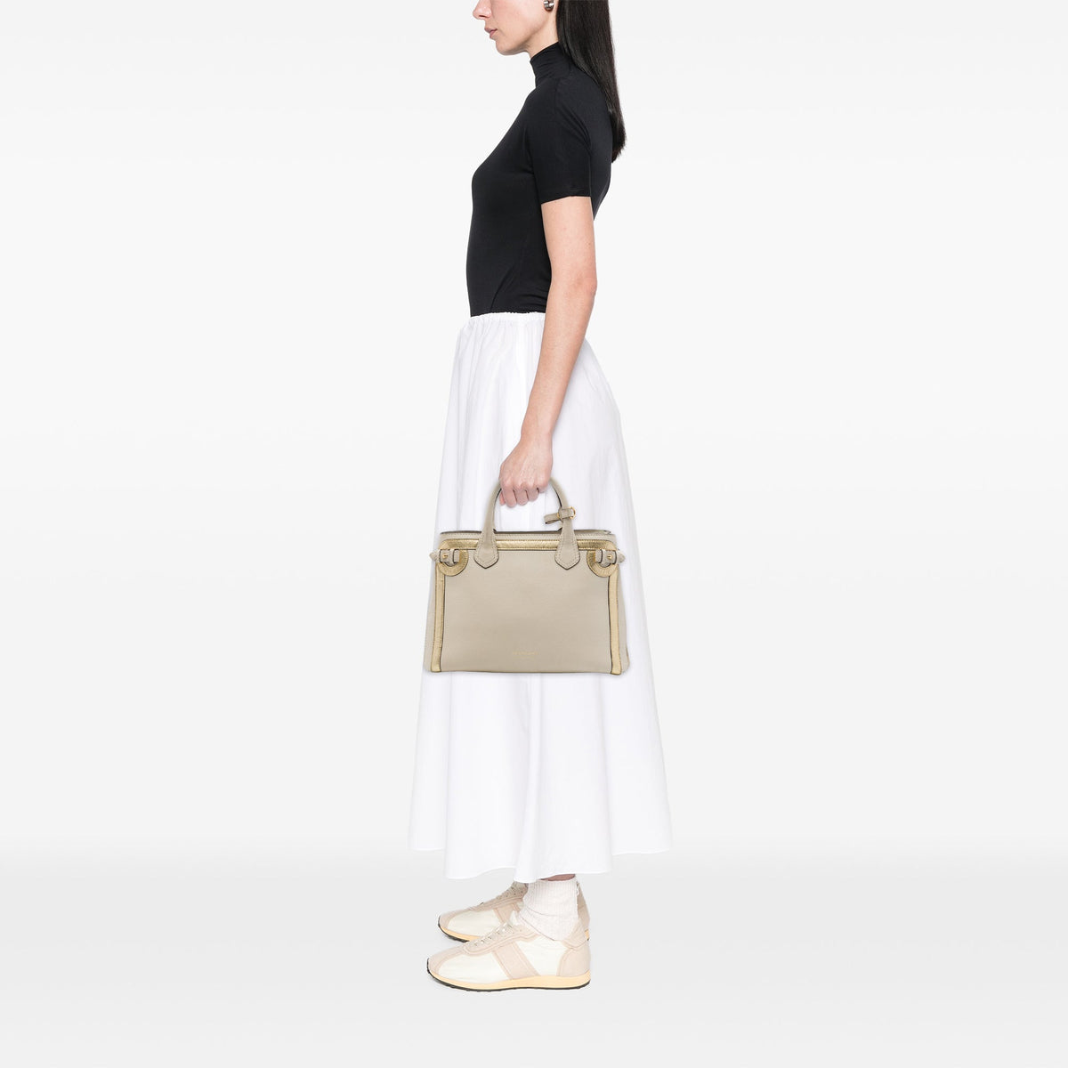 Burberry Medium Bicolor Leather and House Check Canvas Banner Satchel — White
