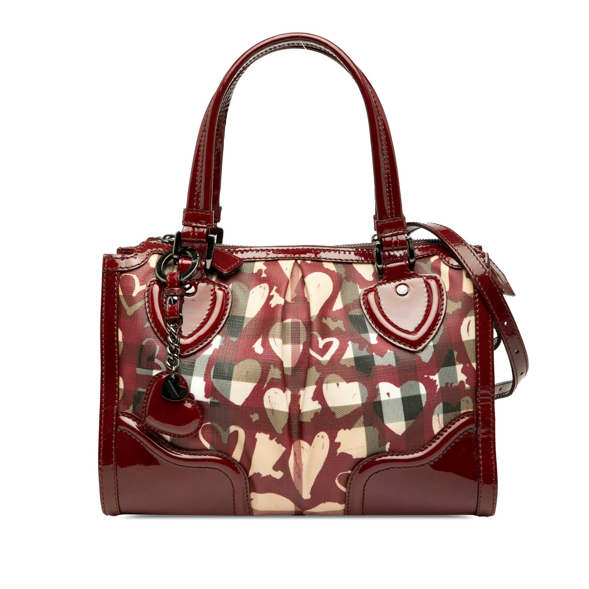 Burberry Patent Trimmed House Check Coated Canvas Hearts Pilgrim Satchel