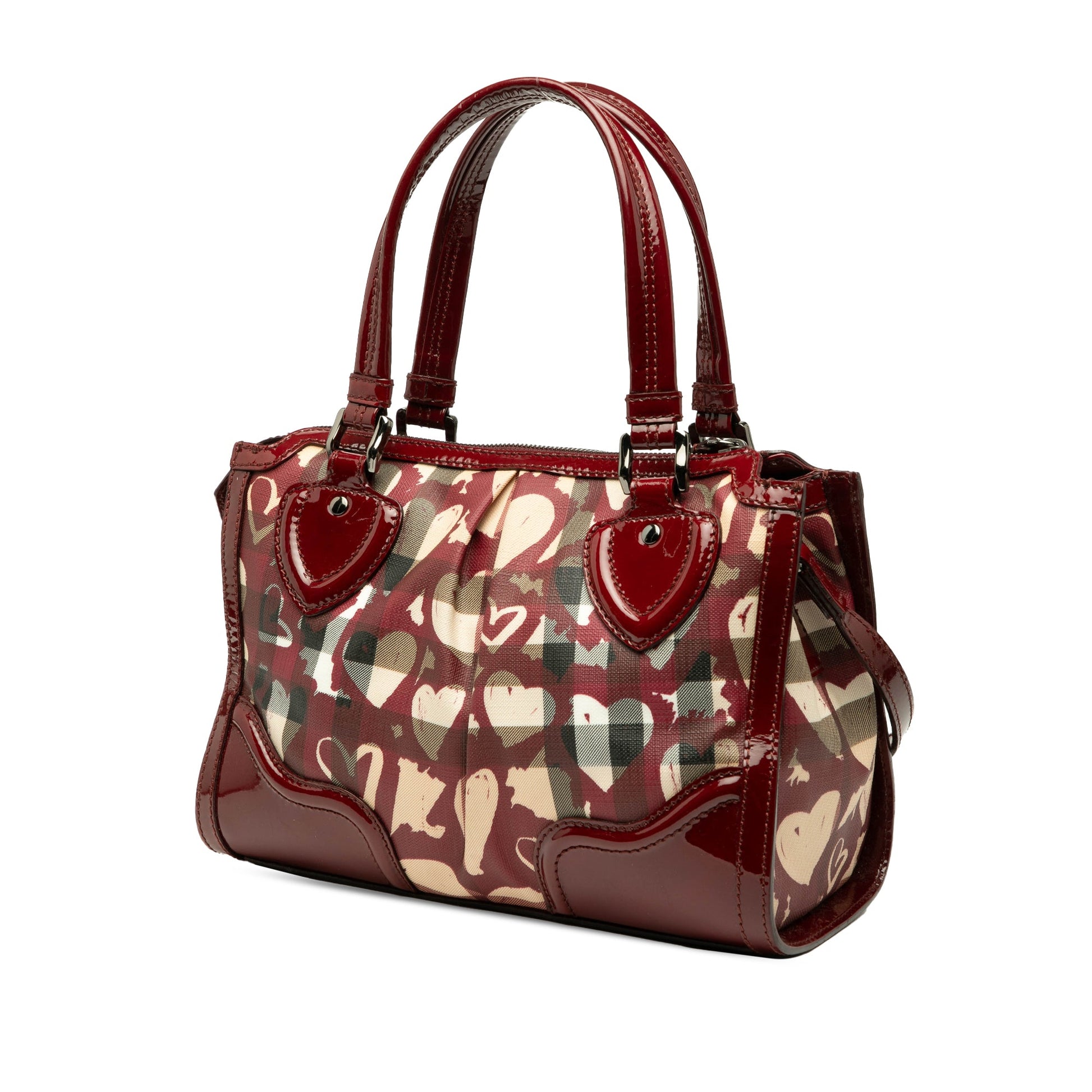 Burberry Patent Trimmed House Check Coated Canvas Hearts Pilgrim Satchel