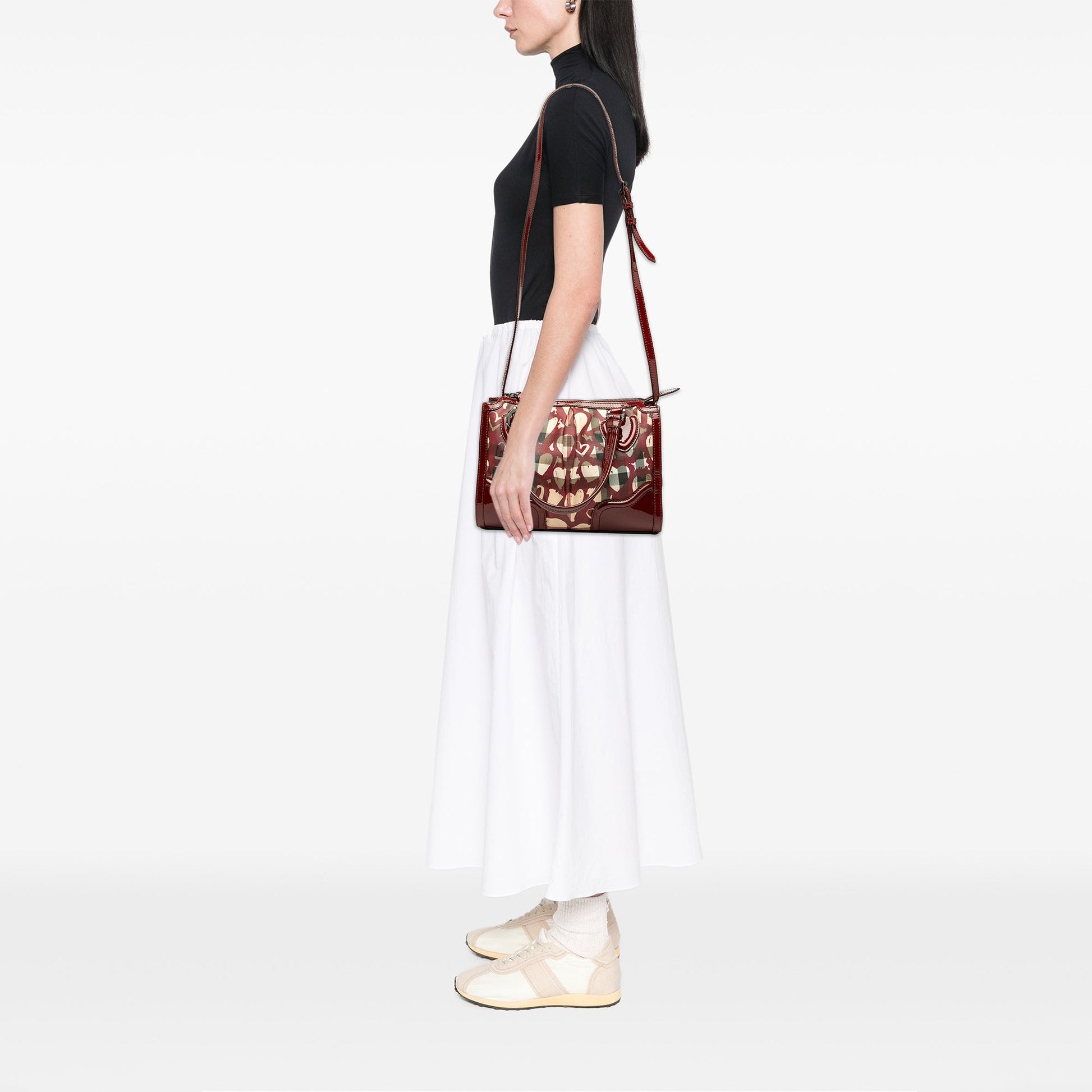 Burberry Patent Trimmed House Check Coated Canvas Hearts Pilgrim Satchel