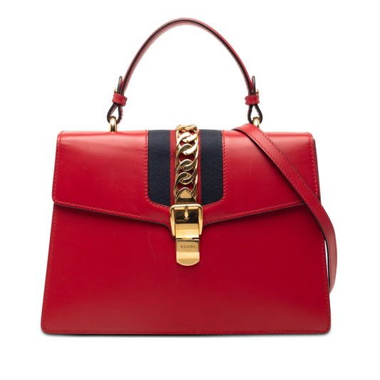 Gucci Medium Leather Web Sylvie Top Handle Bag