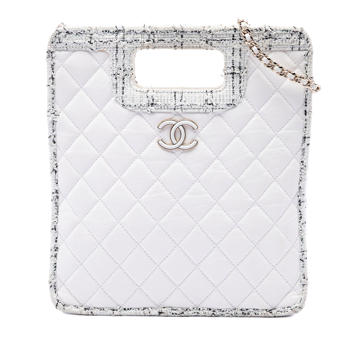 Chanel CC Tweed Trimmed Quilted Aged Calfskin Cutout Handle Shopping Tote — White