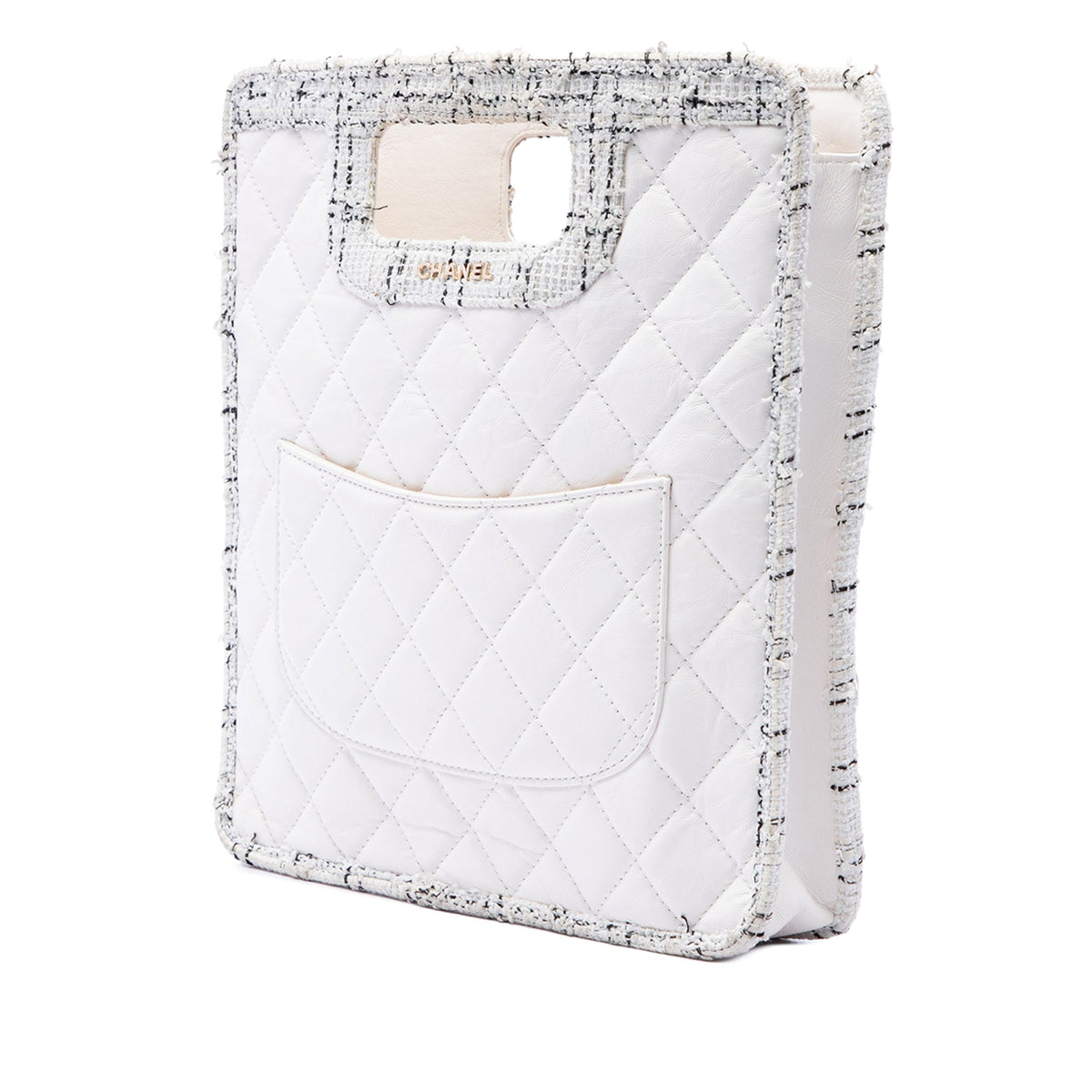 Chanel CC Tweed Trimmed Quilted Aged Calfskin Cutout Handle Shopping Tote — White