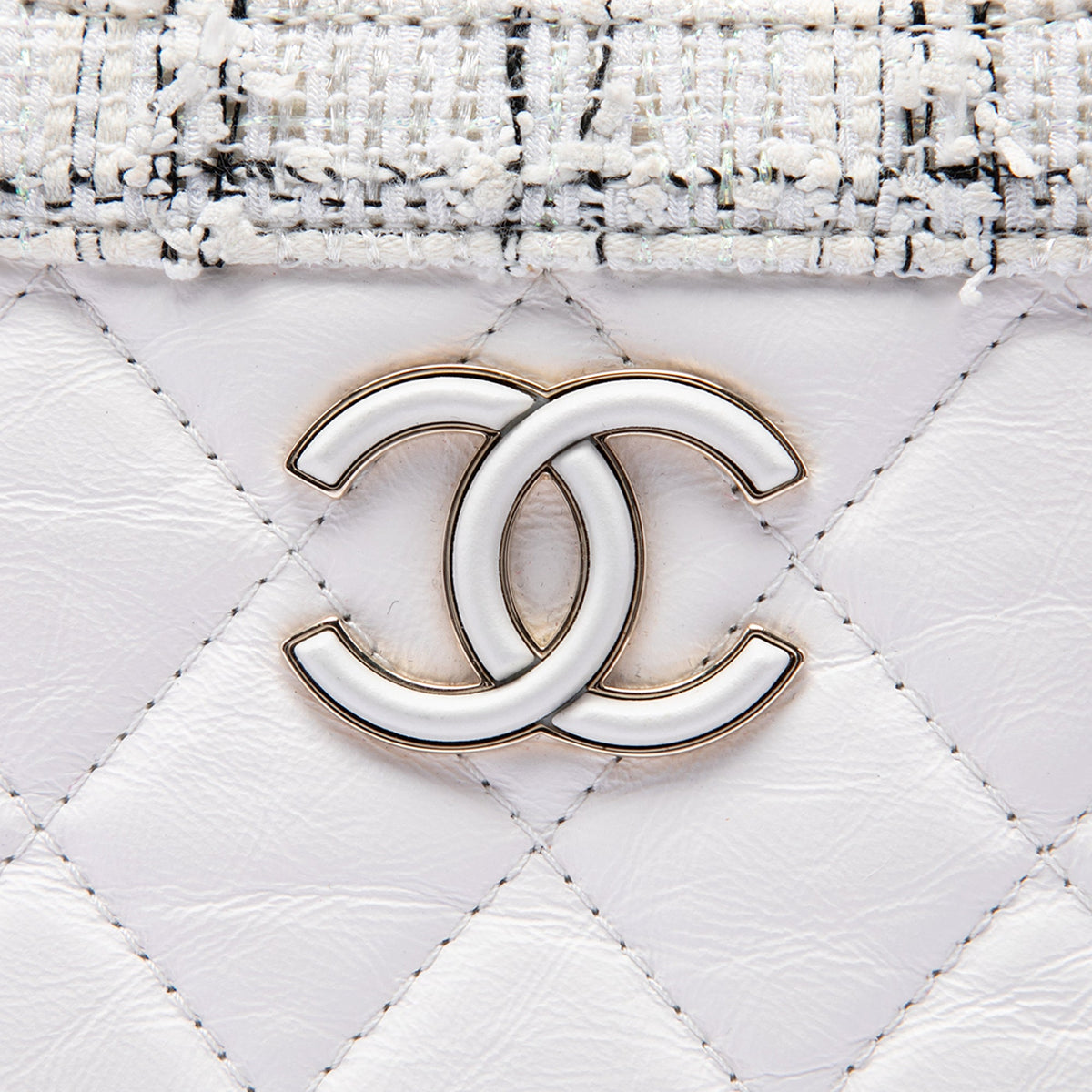 Chanel CC Tweed Trimmed Quilted Aged Calfskin Cutout Handle Shopping Tote — White
