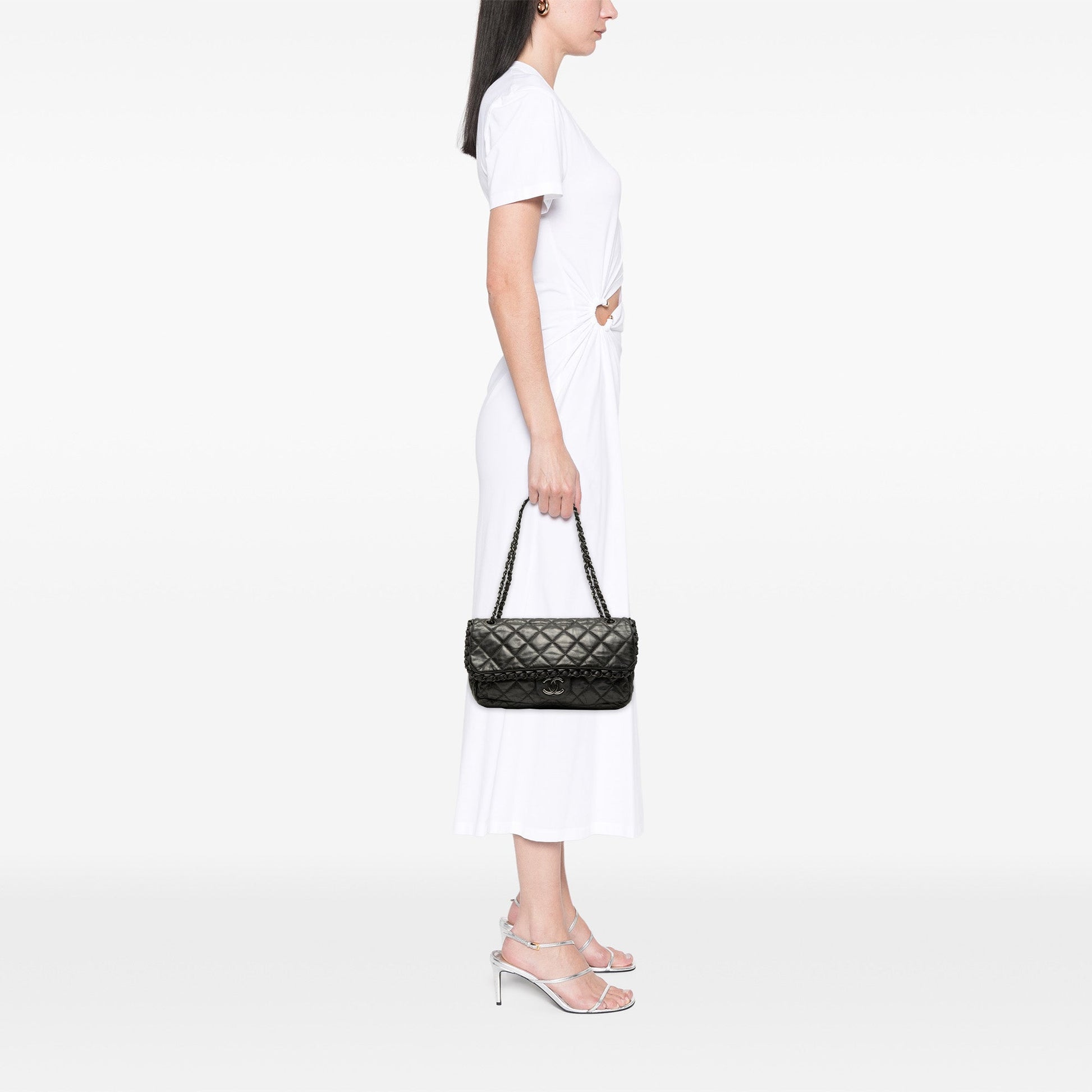 Chanel Medium Quilted Metallic Aged Calfskin Chain Me Flap