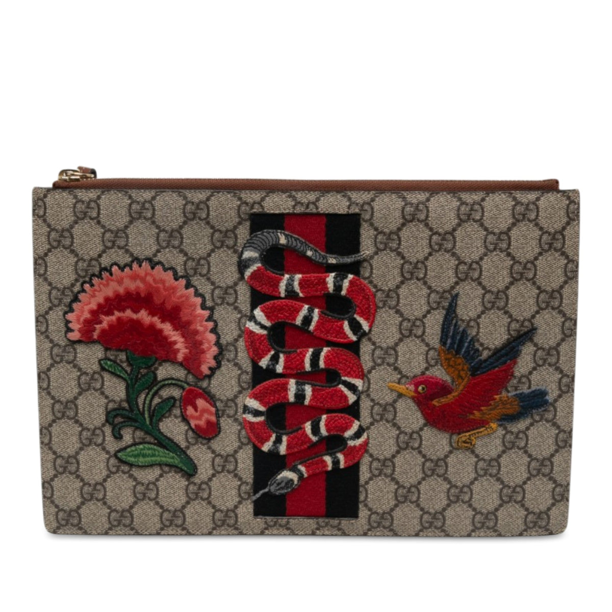 Gucci GG Supreme Embroidered Kingsnake Clutch — Beige