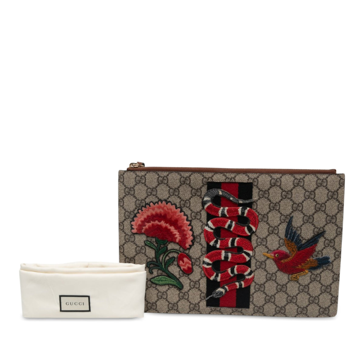 Gucci GG Supreme Embroidered Kingsnake Clutch — Beige