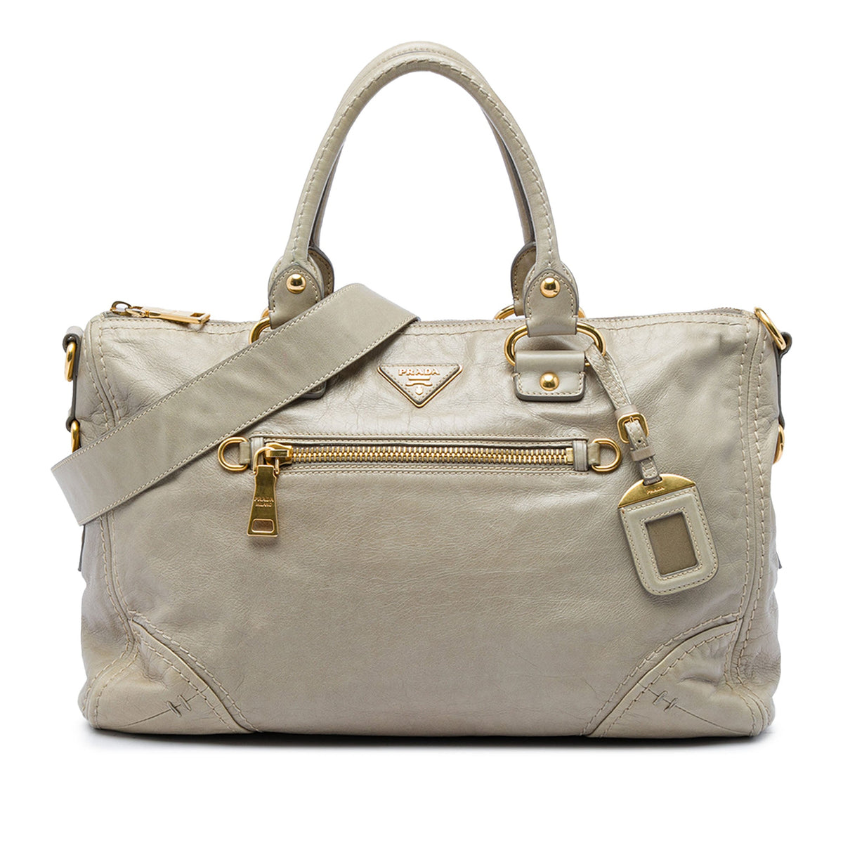Prada Vitello Shine Bauletto Zip Top Satchel — Beige