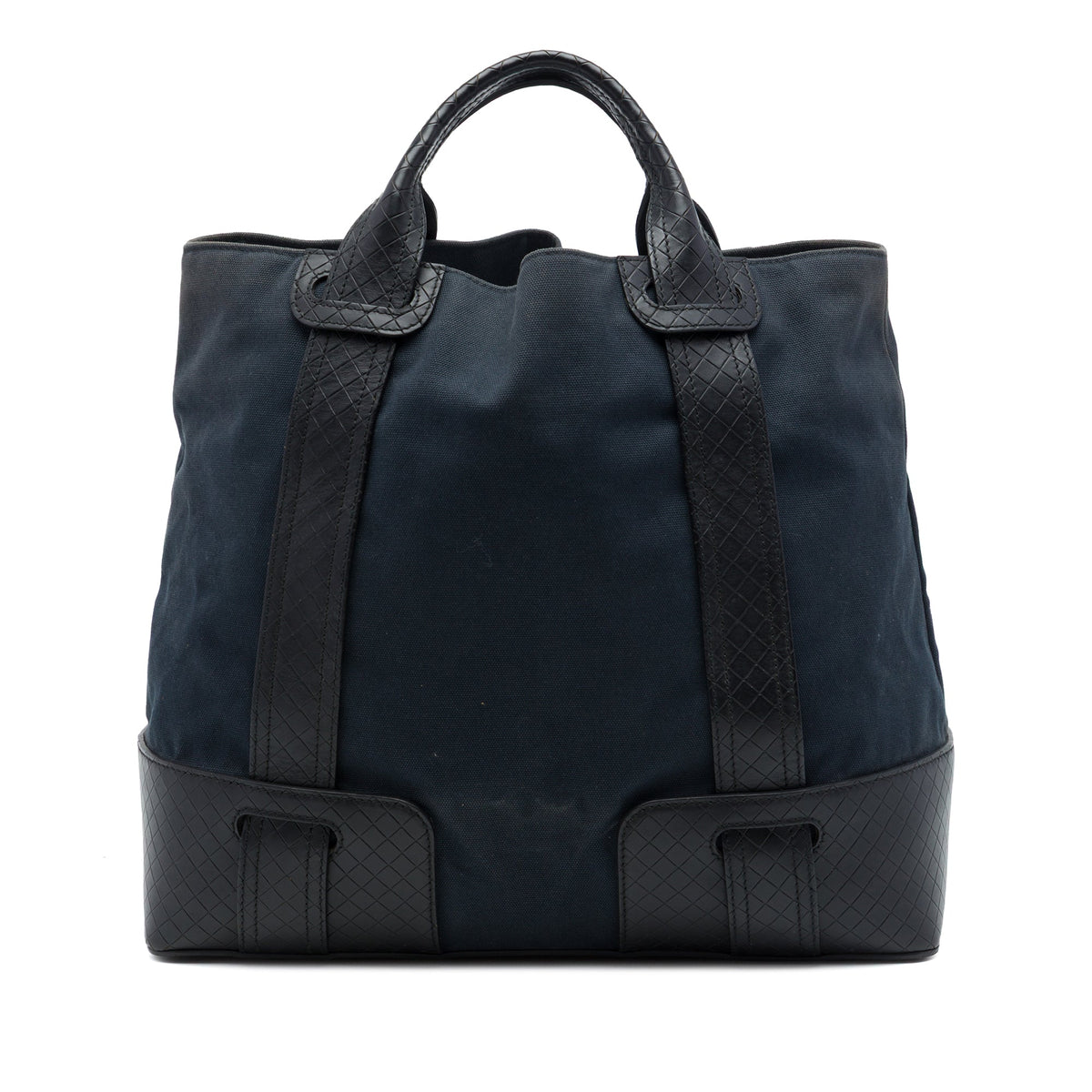 Bottega Veneta Nappa Intrecciato Trimmed Canvas Tote — Blue