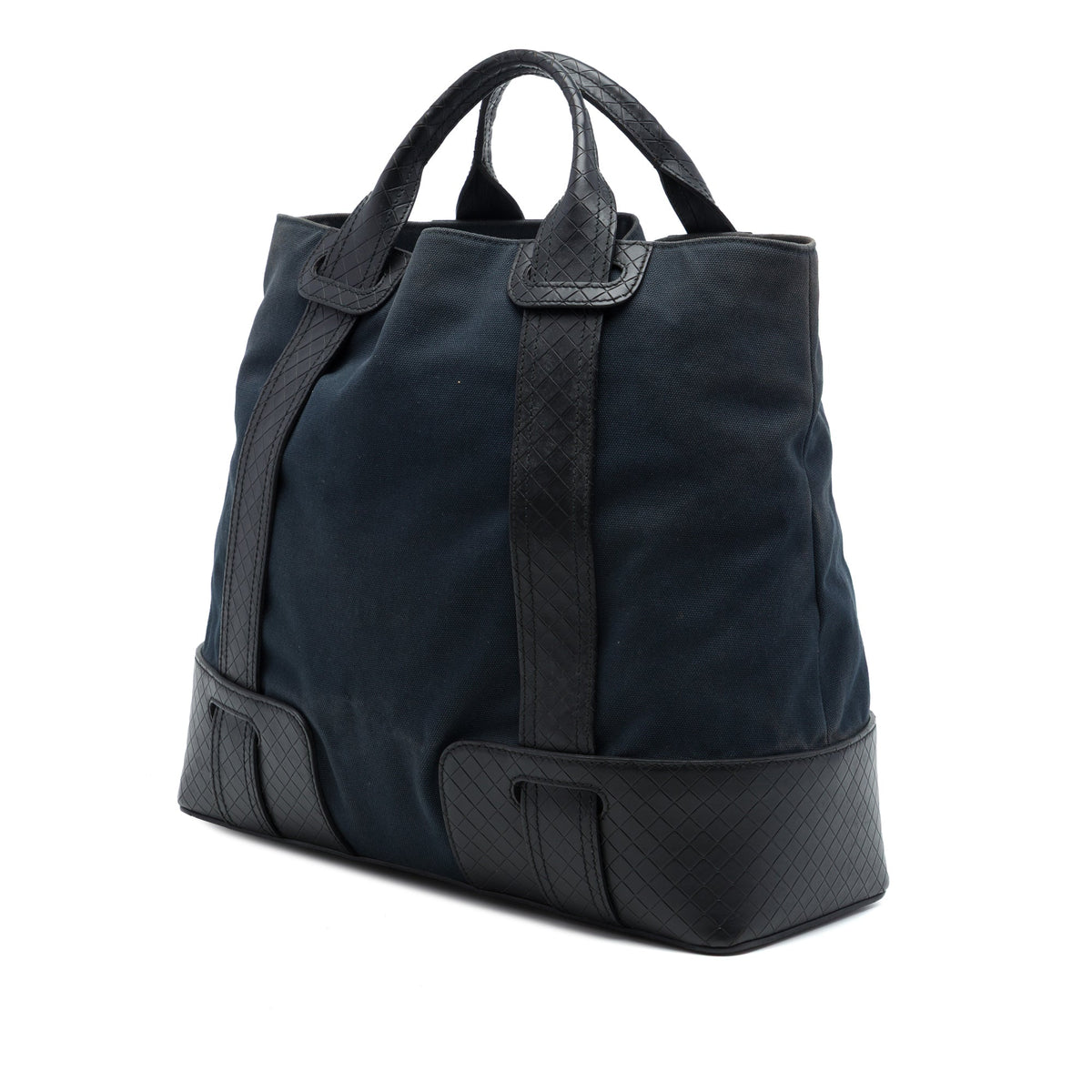 Bottega Veneta Nappa Intrecciato Trimmed Canvas Tote — Blue