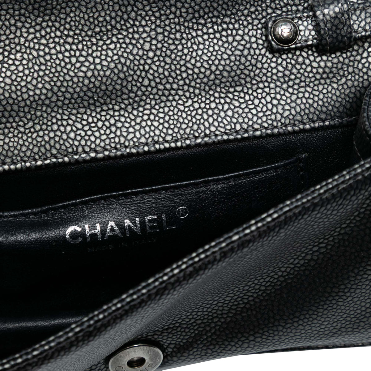 Chanel CC Metallic Caviar Interlaced Chain Clutch on Strap