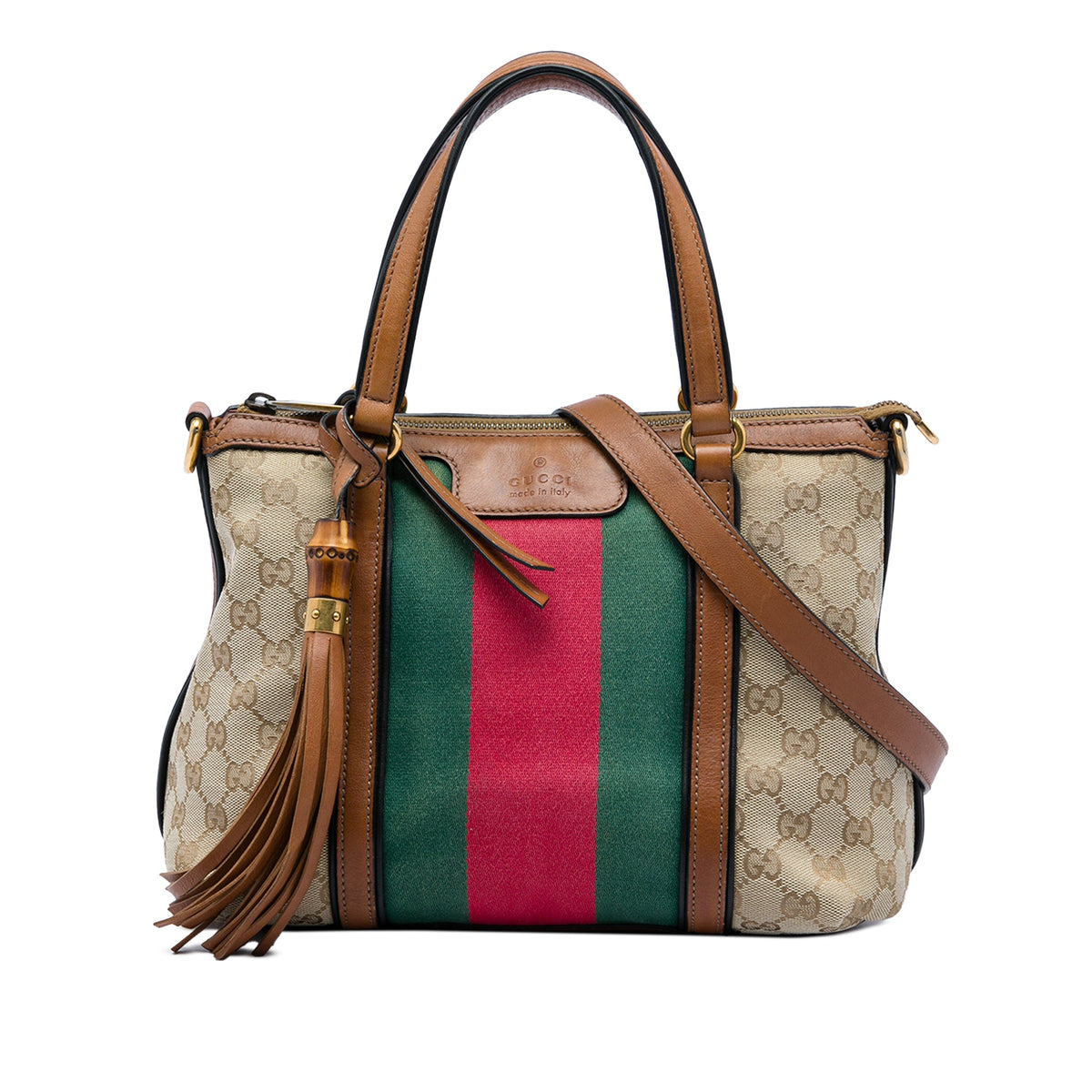Gucci GG Canvas Bamboo Tassel Web Satchel — Beige