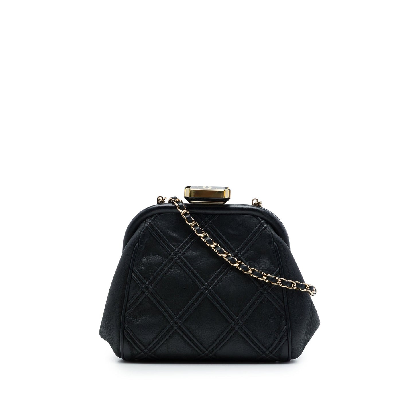 Chanel CC Quilted Lambskin Double Stitch Kiss Lock Clutch with Chain
