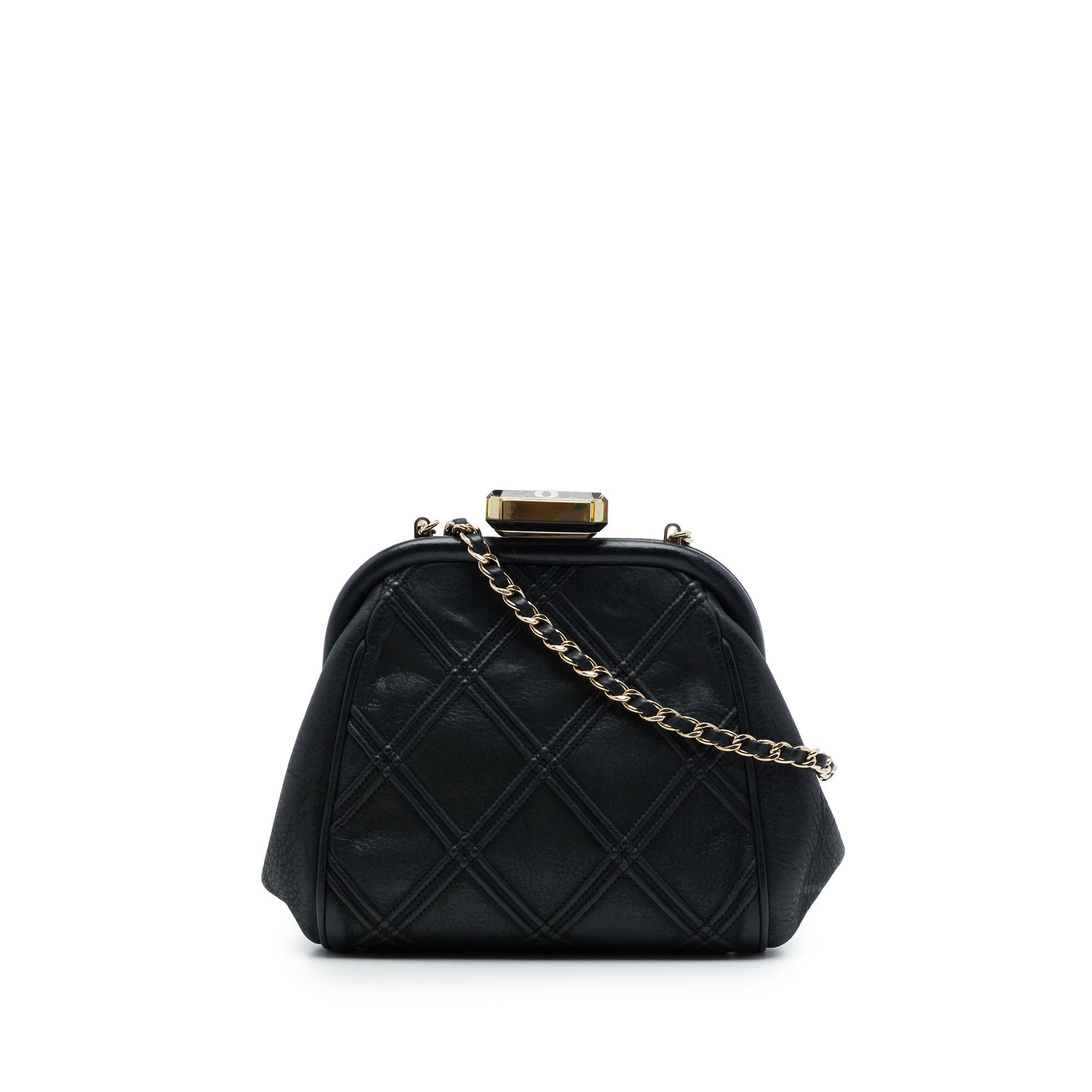 Chanel CC Quilted Lambskin Double Stitch Kiss Lock Clutch with Chain