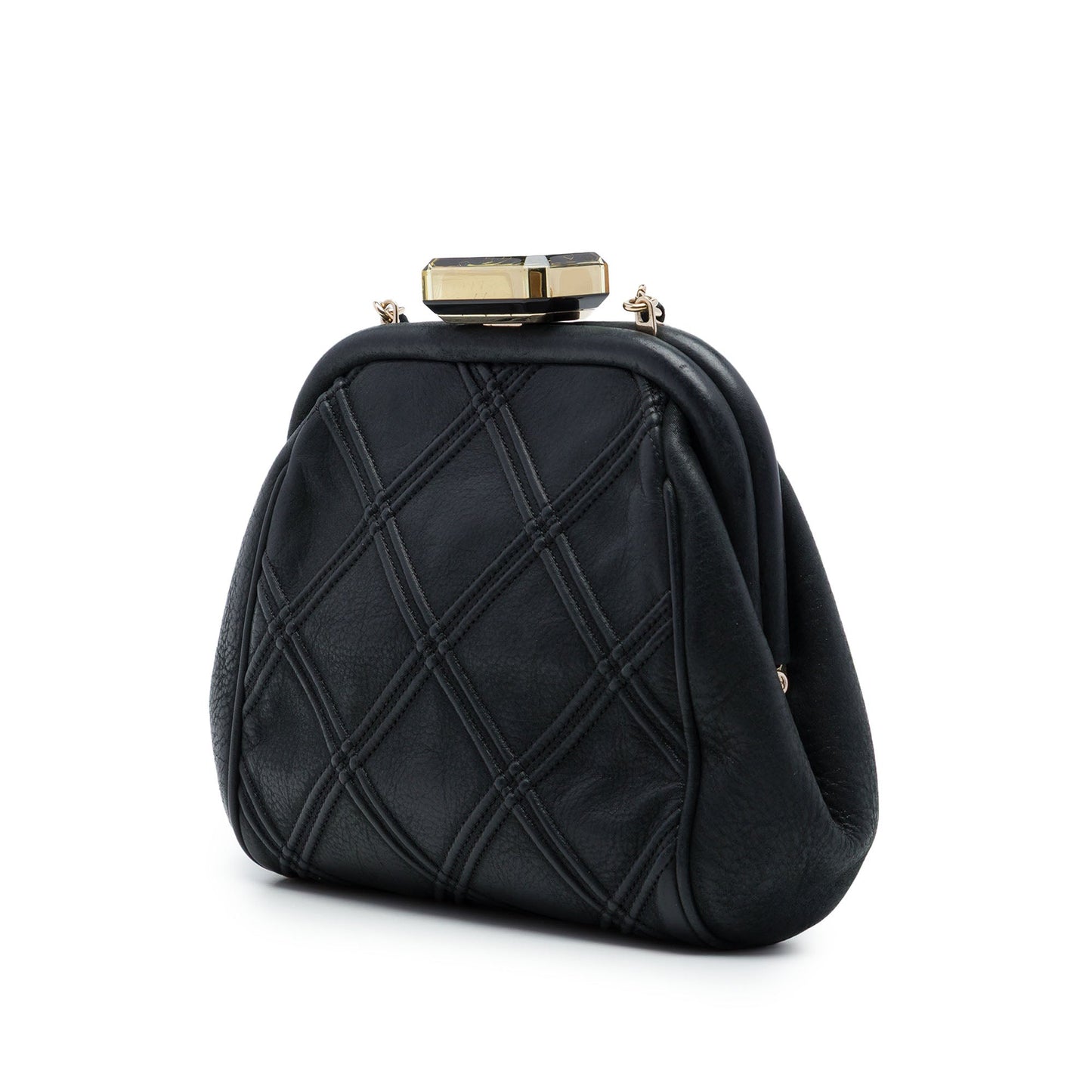 Chanel CC Quilted Lambskin Double Stitch Kiss Lock Clutch with Chain