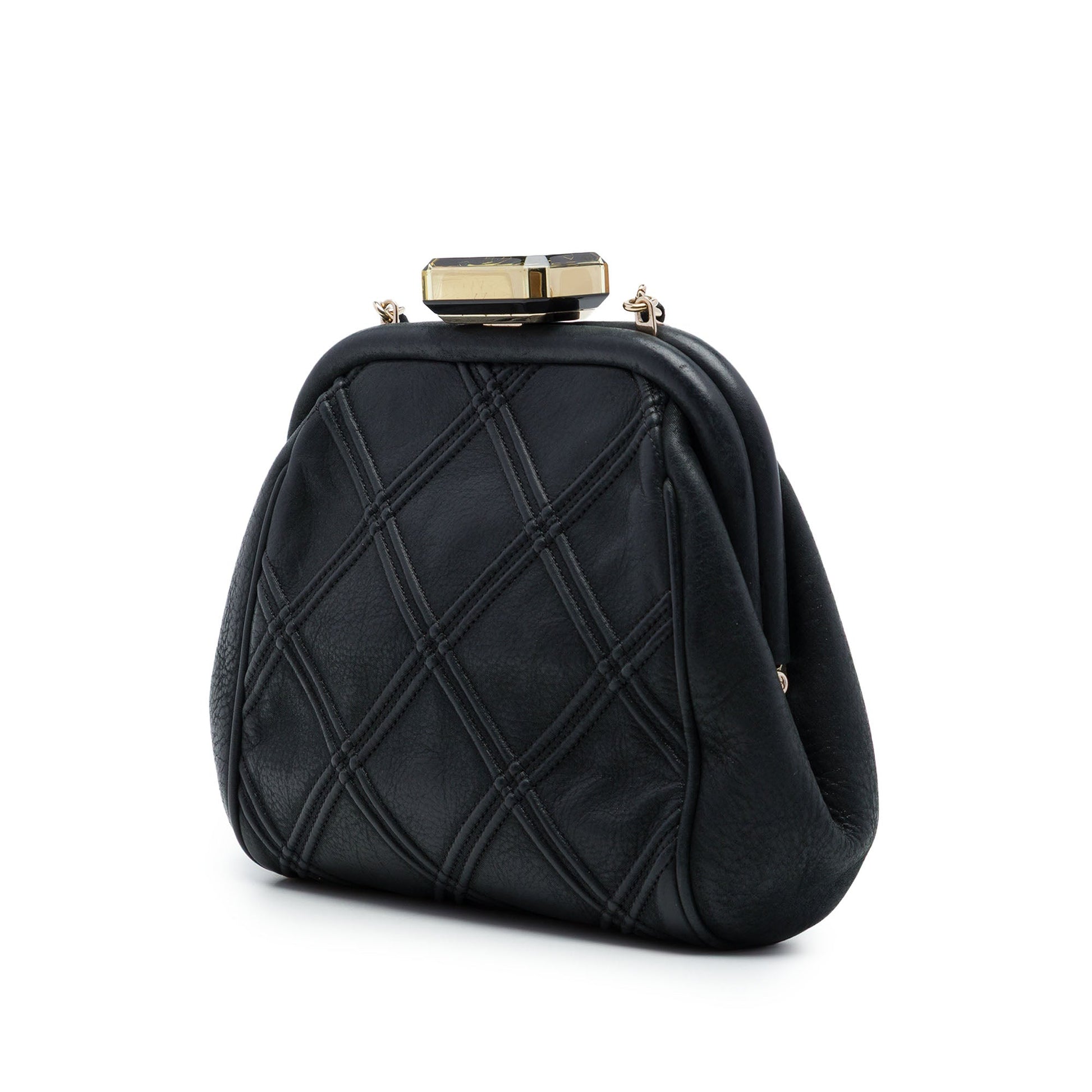 Chanel CC Quilted Lambskin Double Stitch Kiss Lock Clutch with Chain