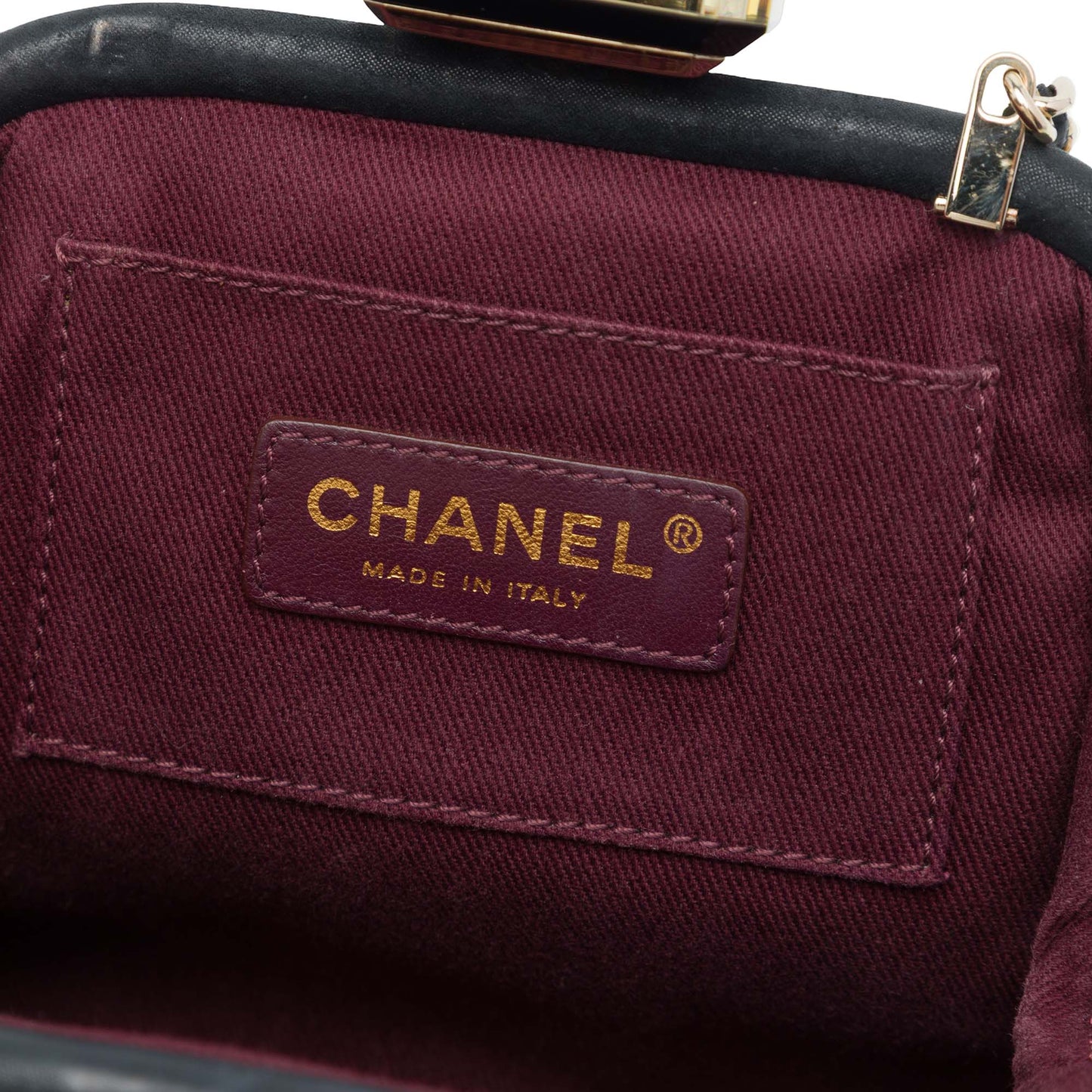 Chanel CC Quilted Lambskin Double Stitch Kiss Lock Clutch with Chain