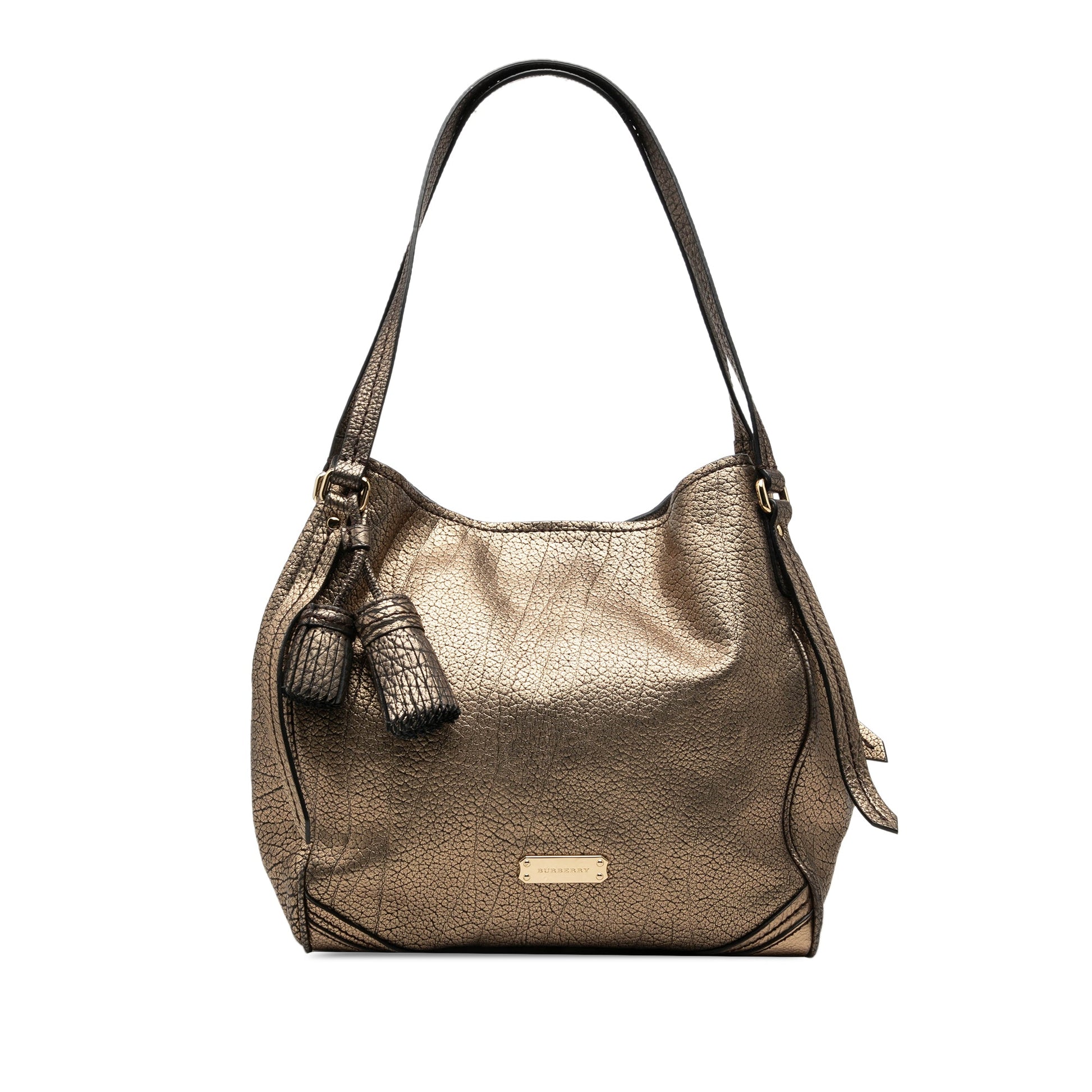 Burberry Small Metallic Grained Calfskin Saddle Stitch Canterbury Tassel Tote