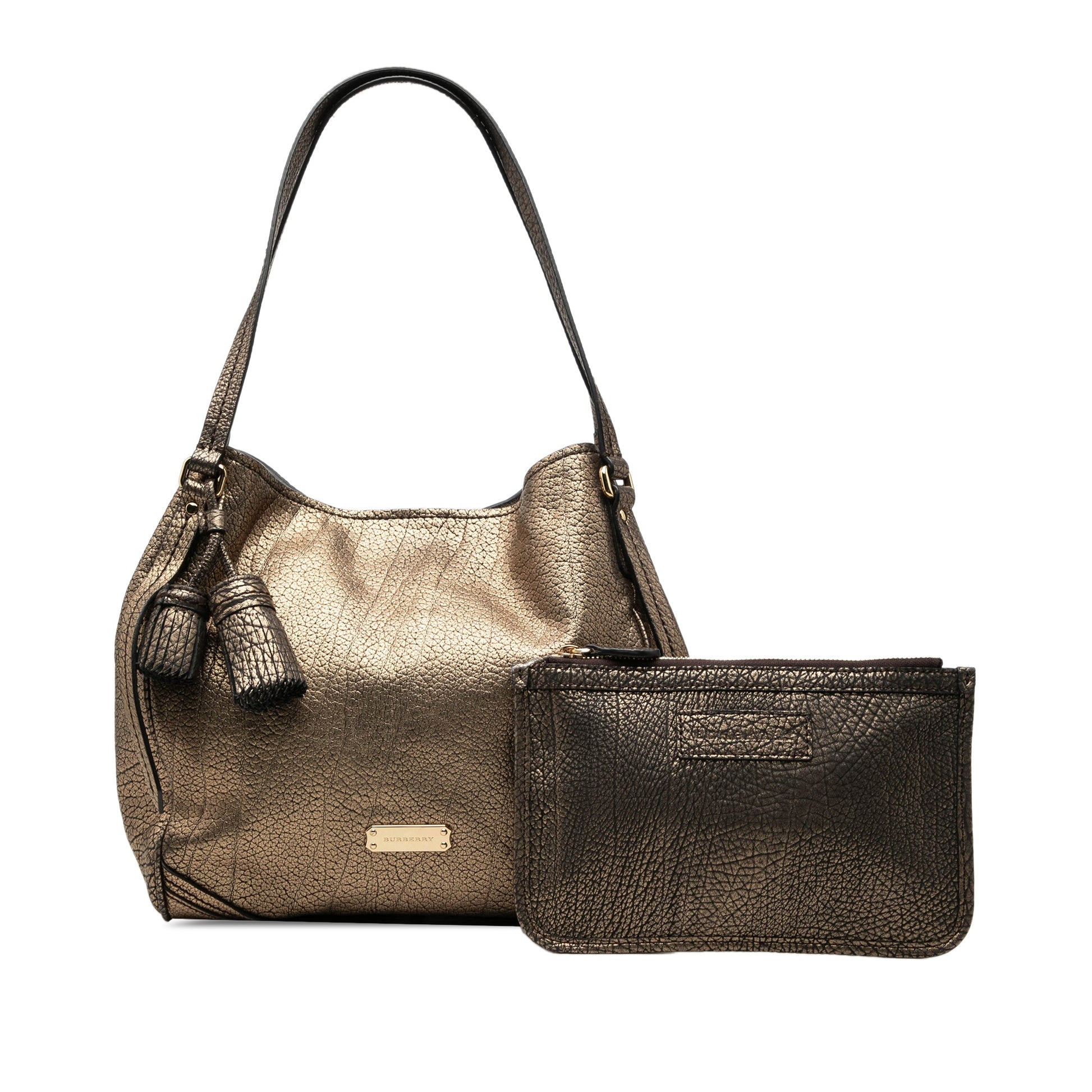 Burberry Small Metallic Grained Calfskin Saddle Stitch Canterbury Tassel Tote