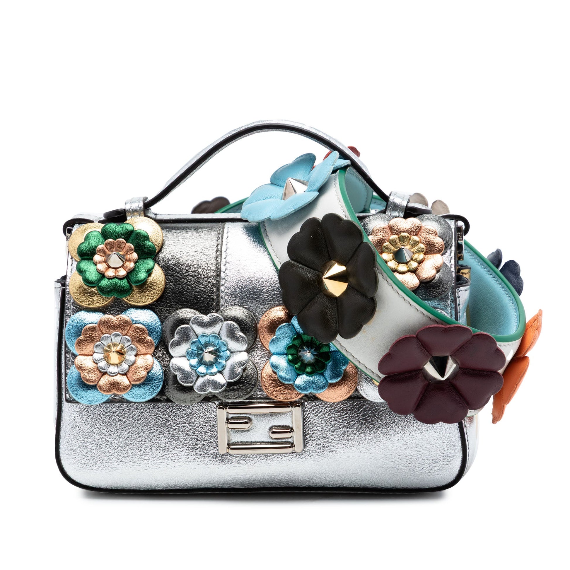 Fendi Micro Bicolor Metallic Leather Flowerland Double Baguette Satchel