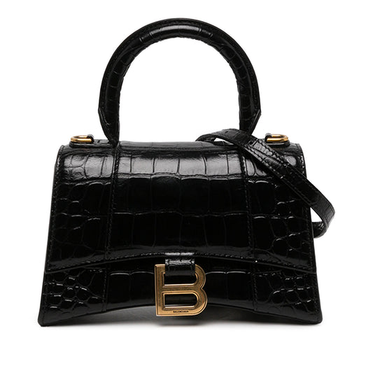 Balenciaga Croc Embossed Calfskin Hourglass Top Handle Bag XS — Black