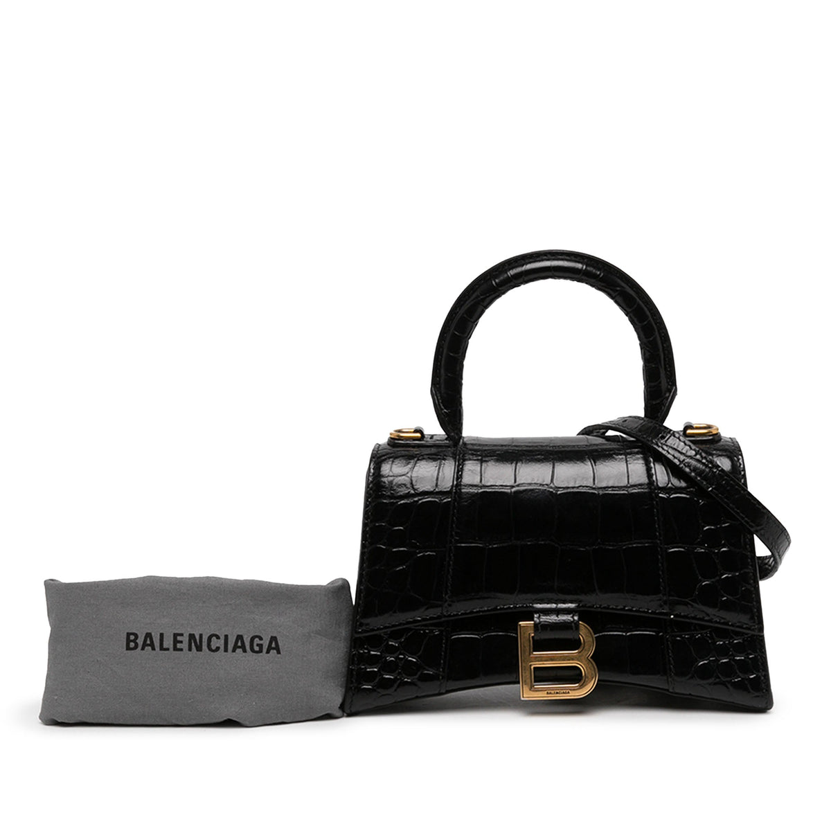 Balenciaga Croc Embossed Calfskin Hourglass Top Handle Bag XS — Black