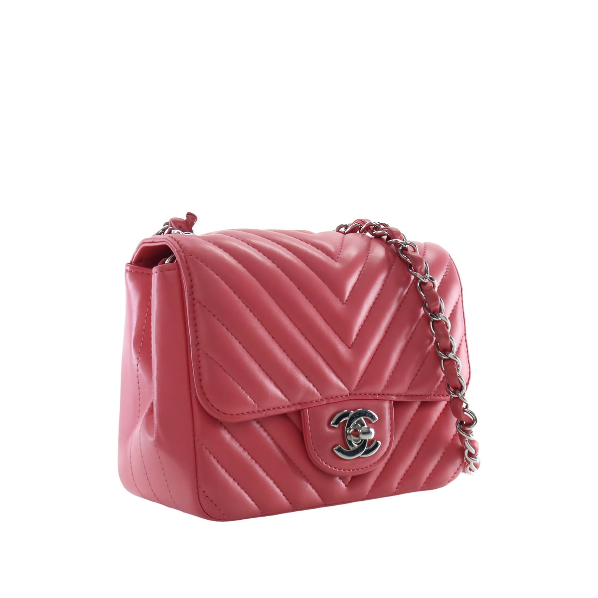 Chanel Mini Square Classic Chevron Lambskin Single Flap — Pink