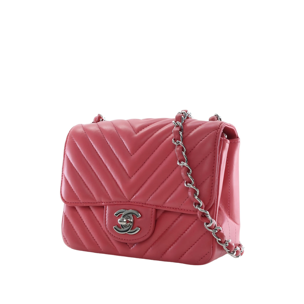 Chanel Mini Square Classic Chevron Lambskin Single Flap — Pink