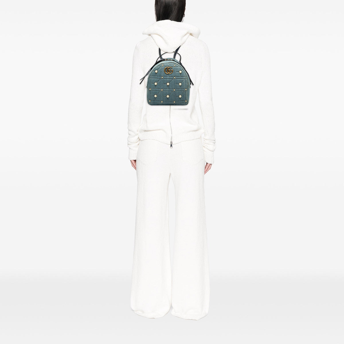 Gucci Small GG Marmont Pearl Studded Matelasse Denim Backpack