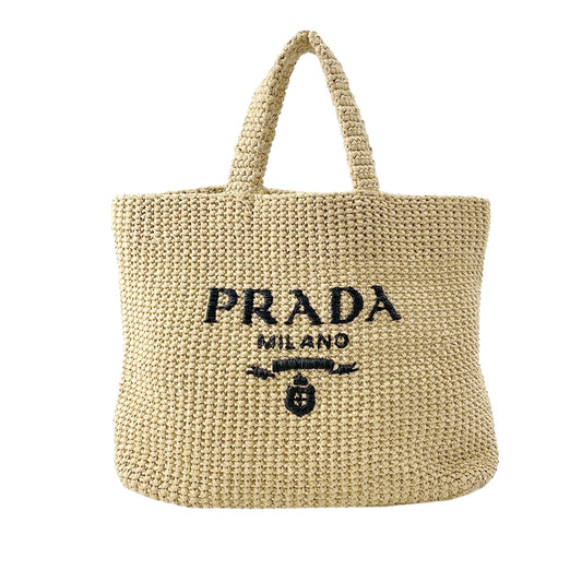 Prada Large Raffia Effect Crochet Embroidered Logo Tote