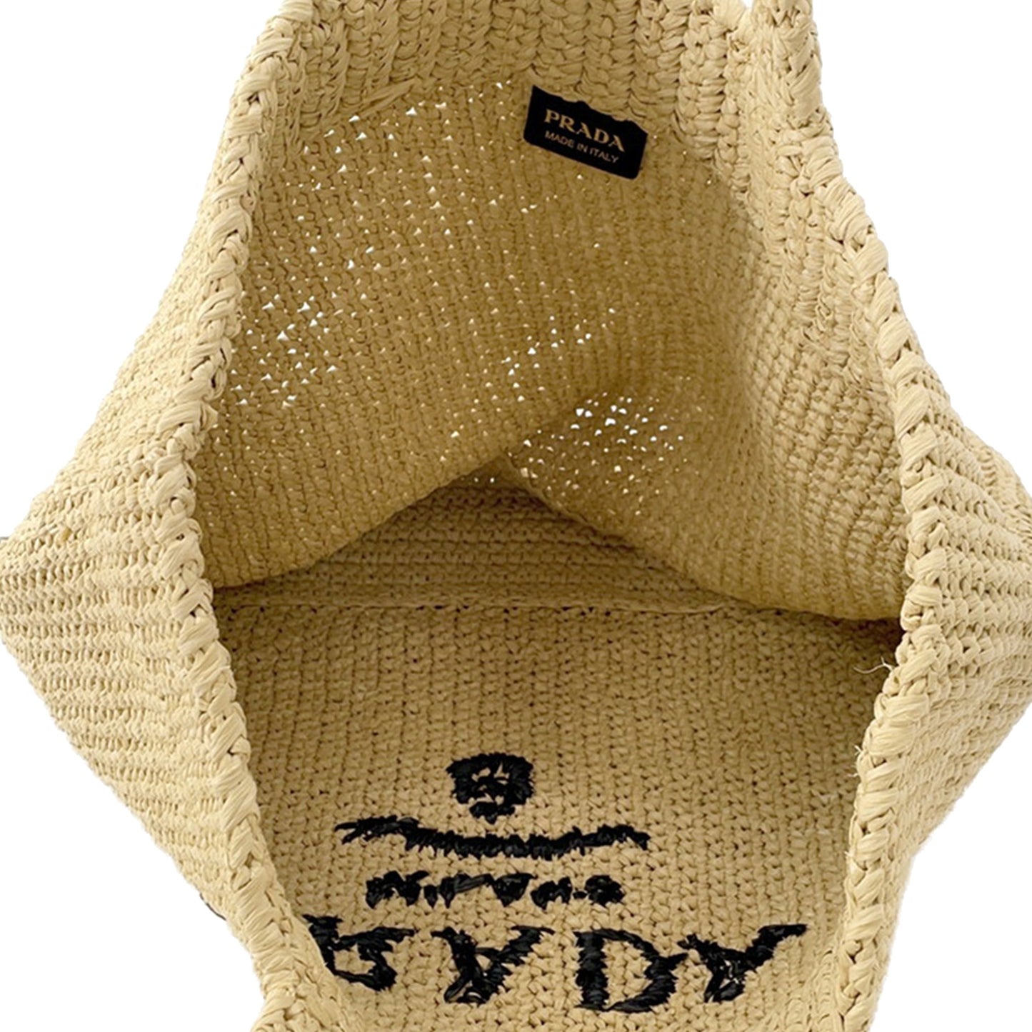 Prada Large Raffia Effect Crochet Embroidered Logo Tote