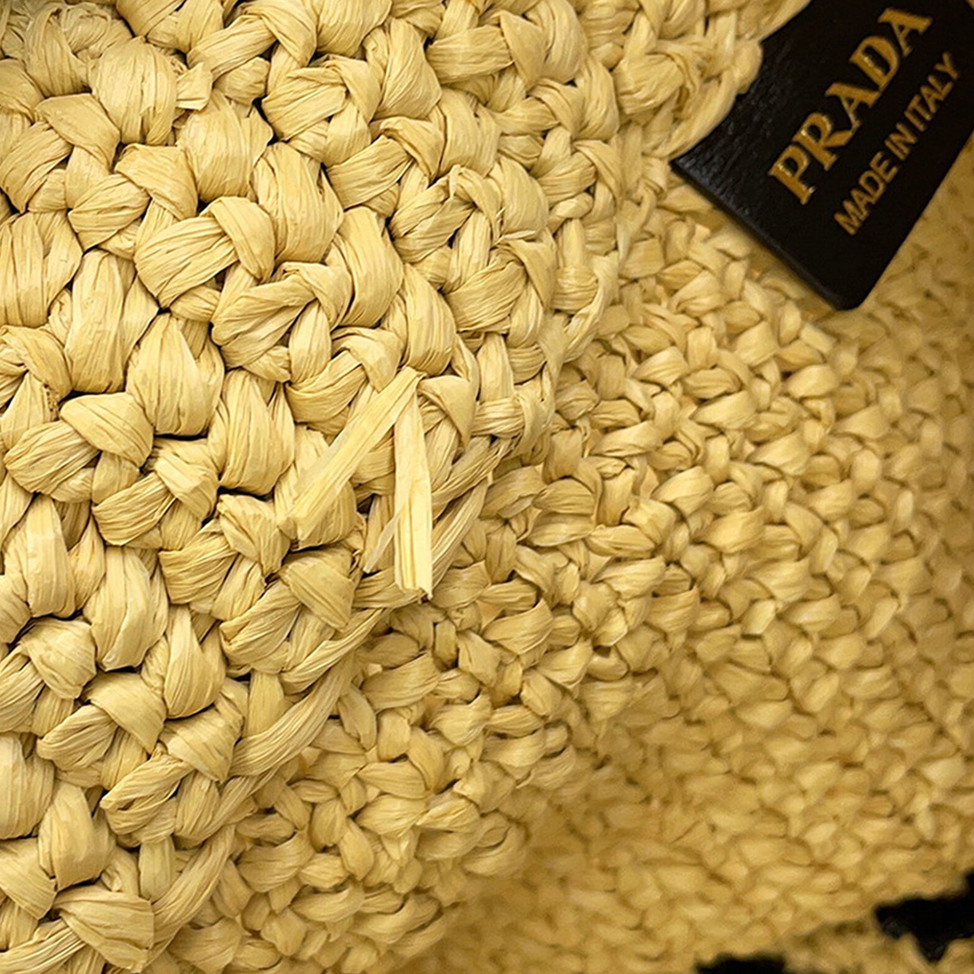 Prada Large Raffia Effect Crochet Embroidered Logo Tote