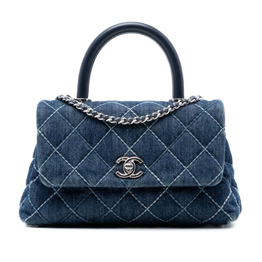 Small Quilted Denim Coco Top Handle Bag