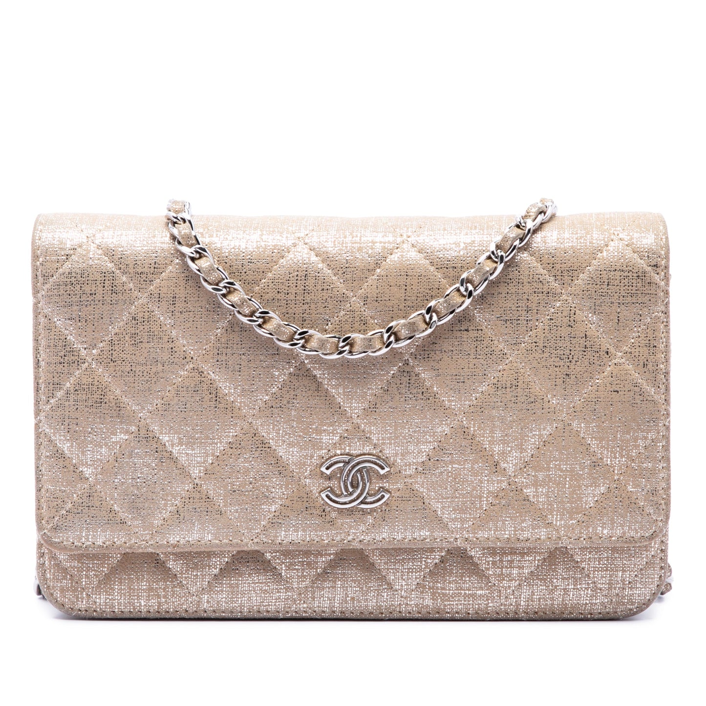Chanel CC Quilted Metallic Fabric Wallet On Chain
