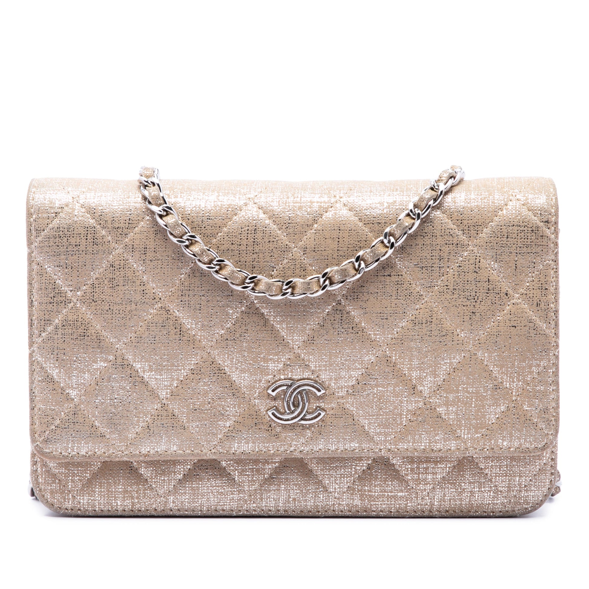 Chanel CC Quilted Metallic Fabric Wallet On Chain