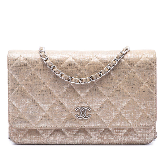 Chanel CC Quilted Metallic Fabric Wallet On Chain
