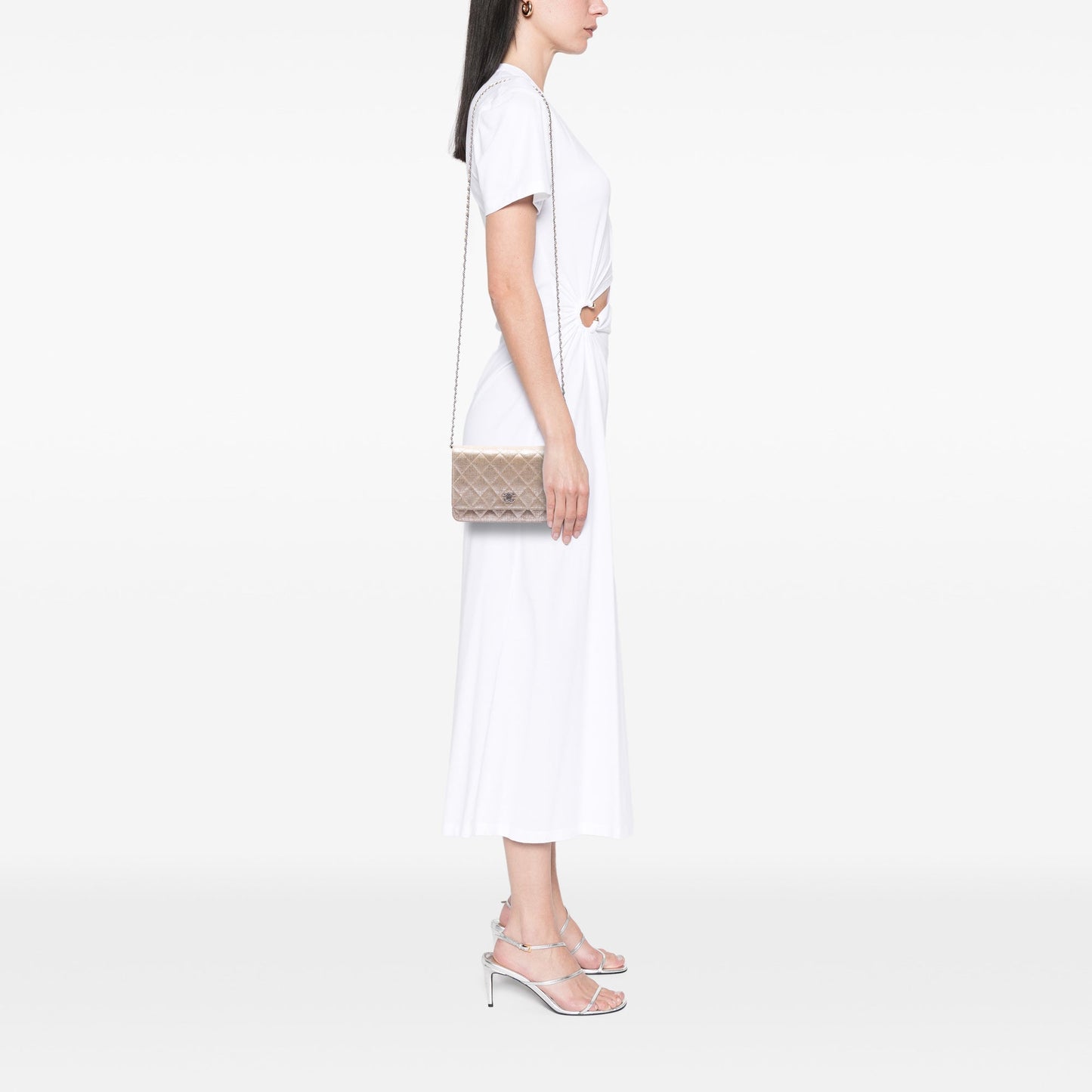 Chanel CC Quilted Metallic Fabric Wallet On Chain