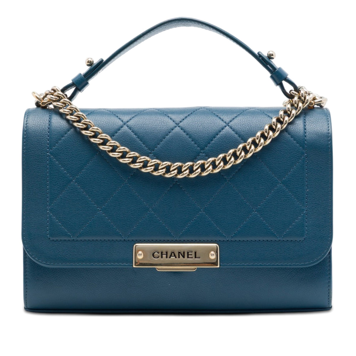 Chanel Medium Quilted Grained Calfskin Label Click Top Handle Flap