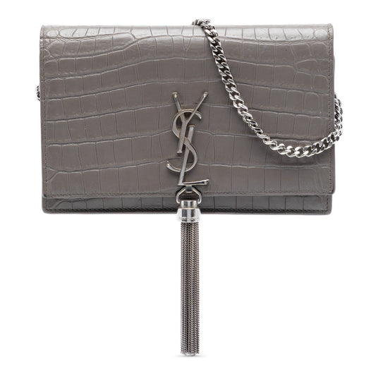 Saint Laurent Croc Embossed Leather Monogram Kate Tassel Wallet on Chain