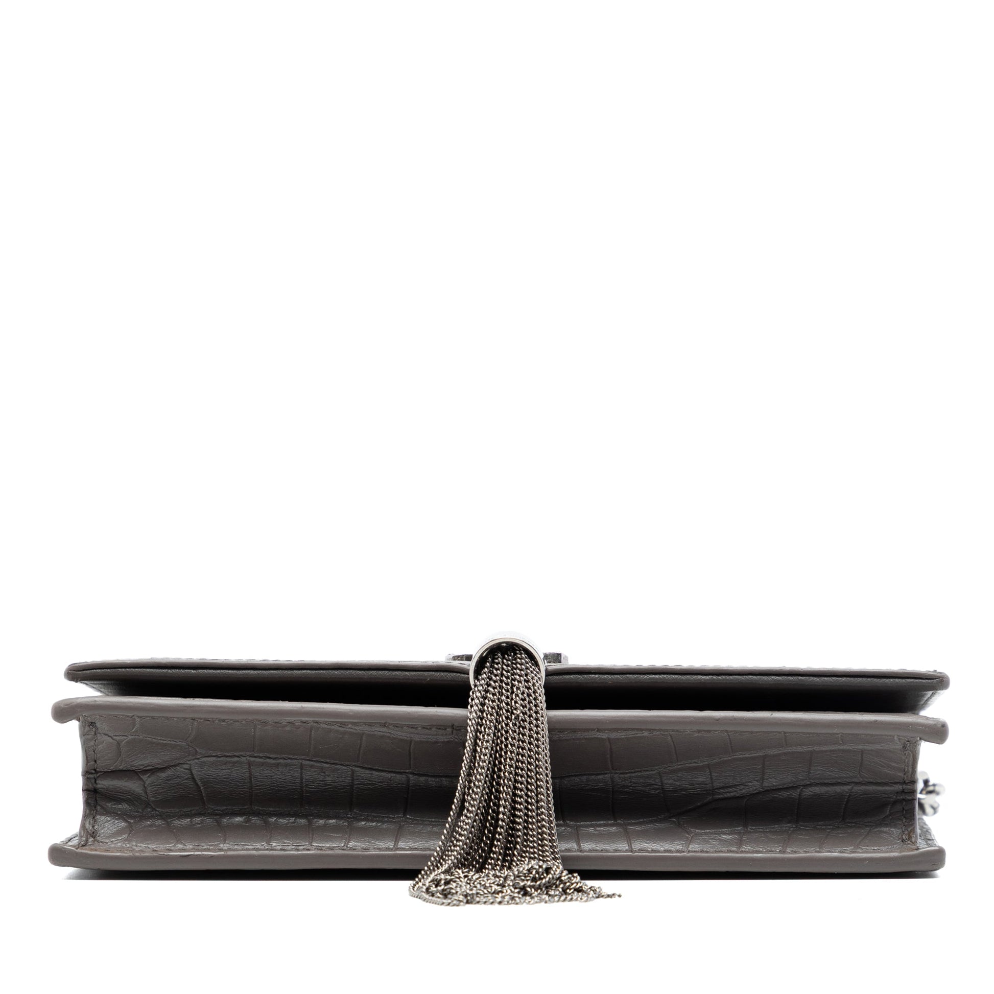 Saint Laurent Croc Embossed Leather Monogram Kate Tassel Wallet on Chain