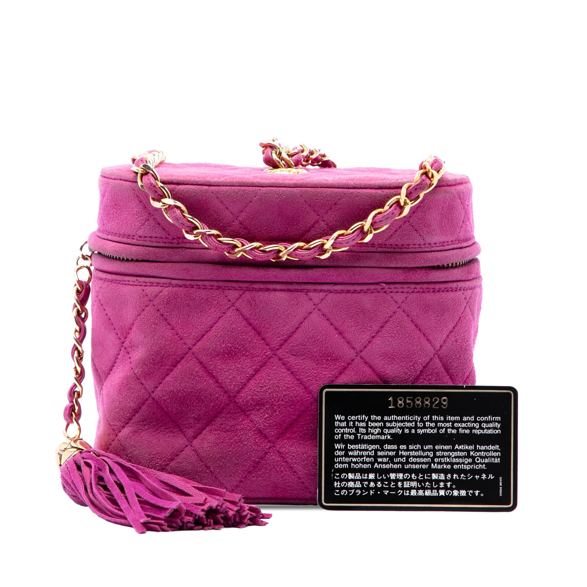Chanel Quilted Suede Tassel Vanity Bag — Purple
