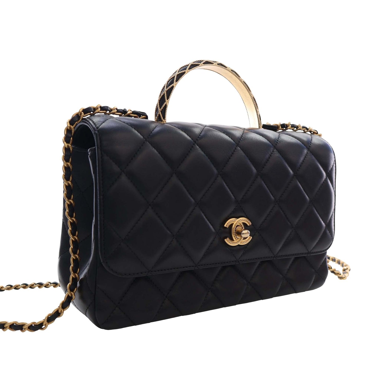 Chanel CC Quilted Lambskin Metal Twist Top Handle Flap
