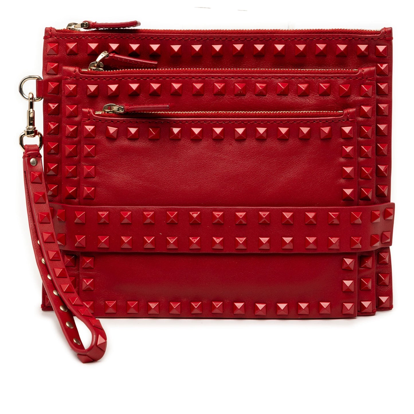 Valentino Leather Rockstud Rouge Triple Zip Clutch