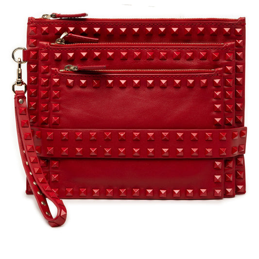 Valentino Leather Rockstud Rouge Triple Zip Clutch