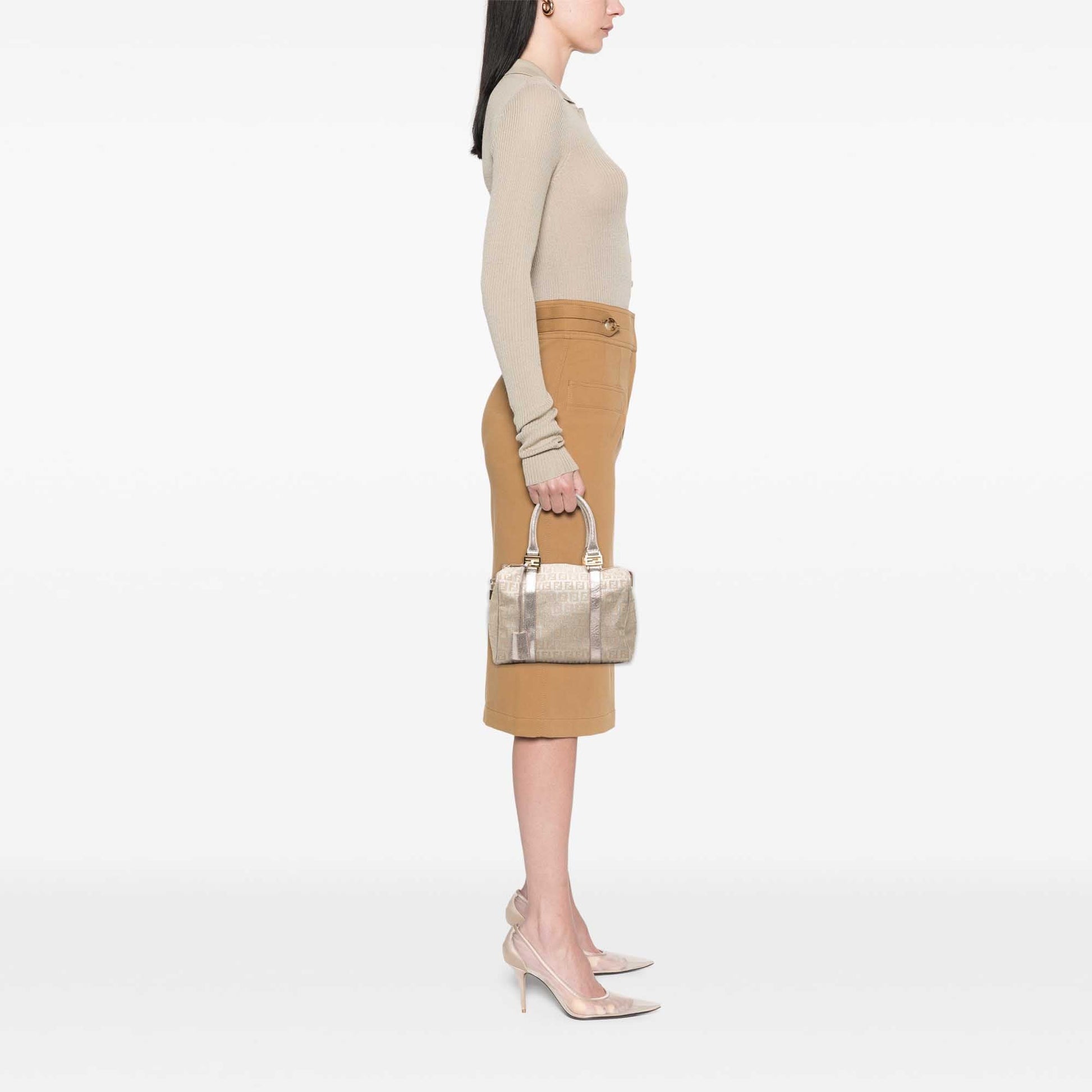Fendi Small Zucchino Metallic Canvas Forever Bauletto Boston Bag