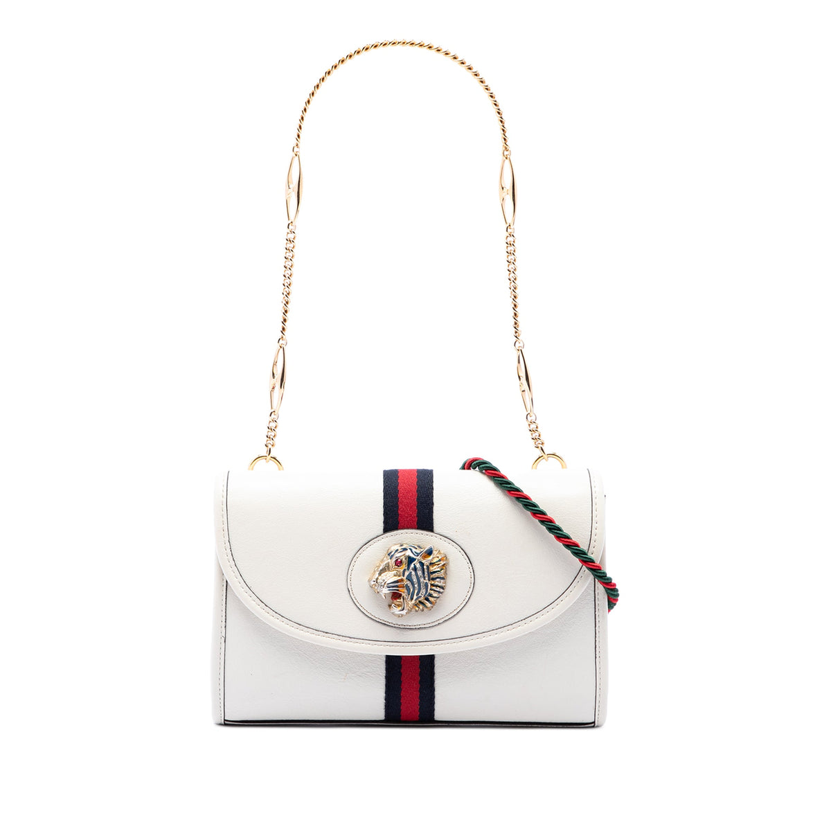 Gucci Small Leather Rajah Web Chain Satchel — White