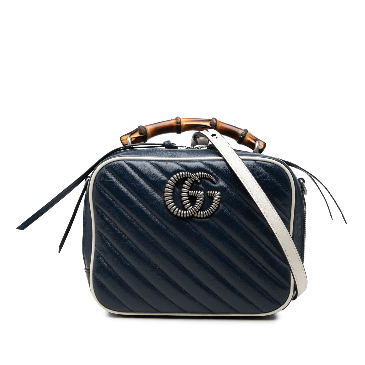 Gucci Small GG Marmont Matelasse Diagonal Calfskin Torchon Bamboo Satchel — Blue