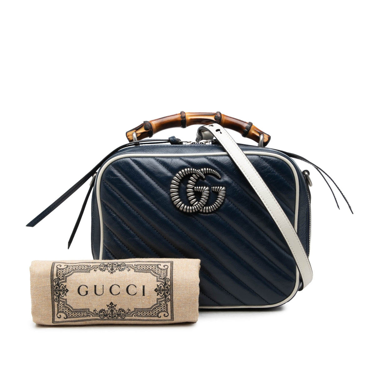 Gucci Small GG Marmont Matelasse Diagonal Calfskin Torchon Bamboo Satchel — Blue