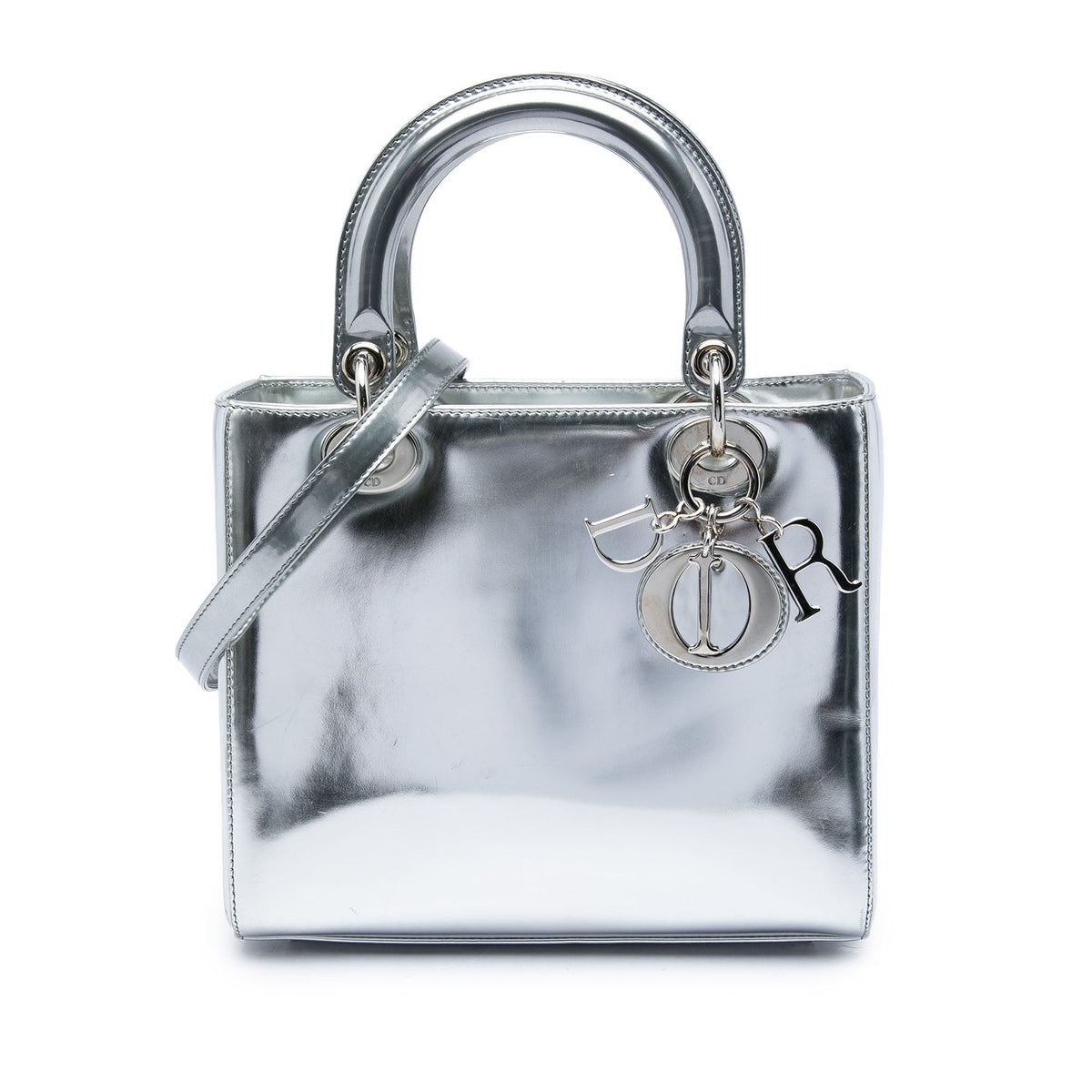 Dior Medium Metallic Patent Lady Dior — Silver